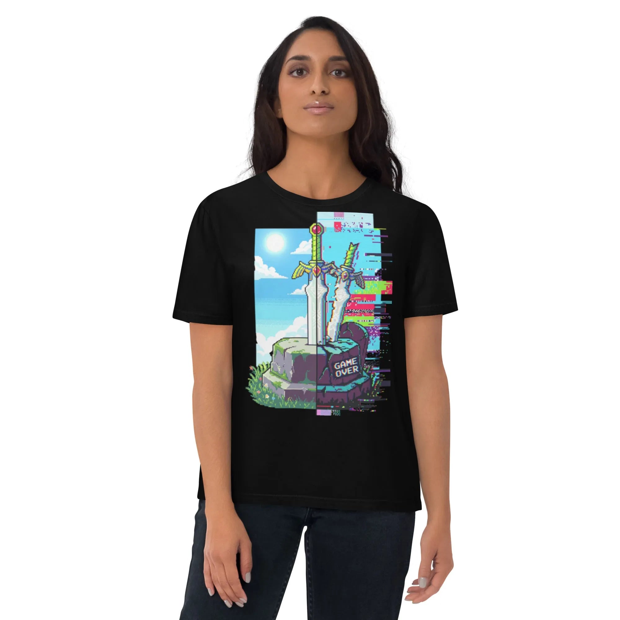 Pixel-art organic cotton gamer tee — eco-friendly gaming apparel