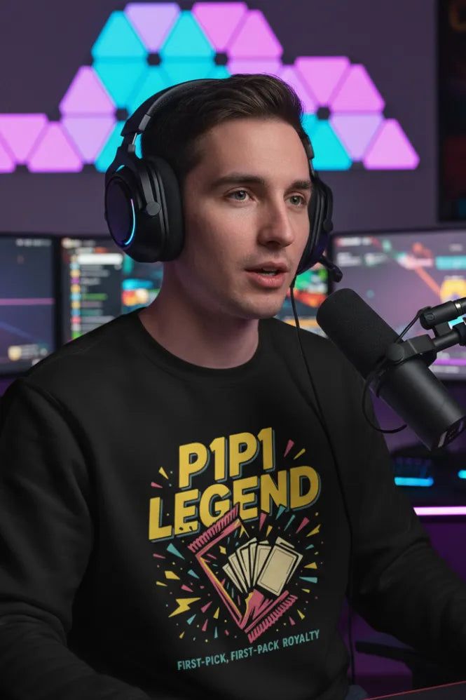 Man wearing a black sweatshirt with "P1P1 LEGEND" graphic, gaming setup in background.