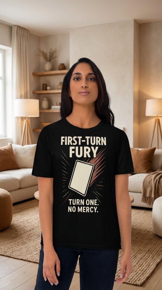 Woman wearing a black t-shirt with "FIRST-TURN FURY" and "TURN ONE. NO MERCY." printed on it.
