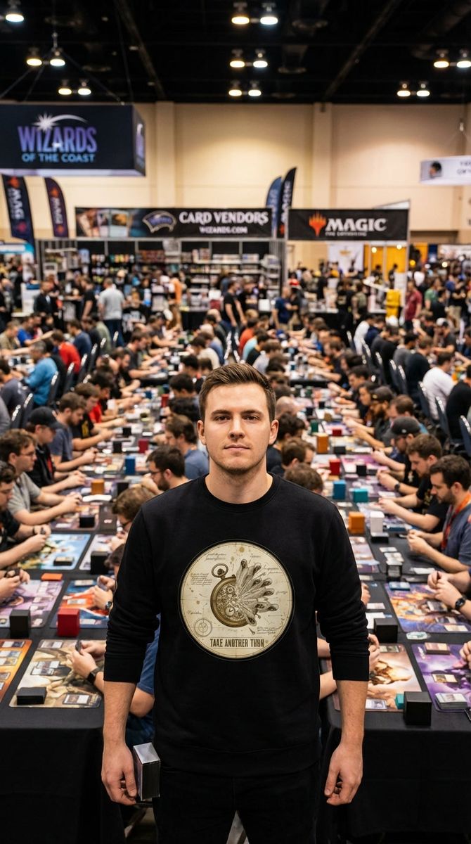 A man in a black sweatshirt stands in front of a long table where many people are playing a card game.