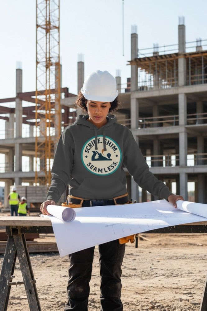 Woman in hard hat and dark grey hoodie with circular logo, unrolling blueprints at construction site.