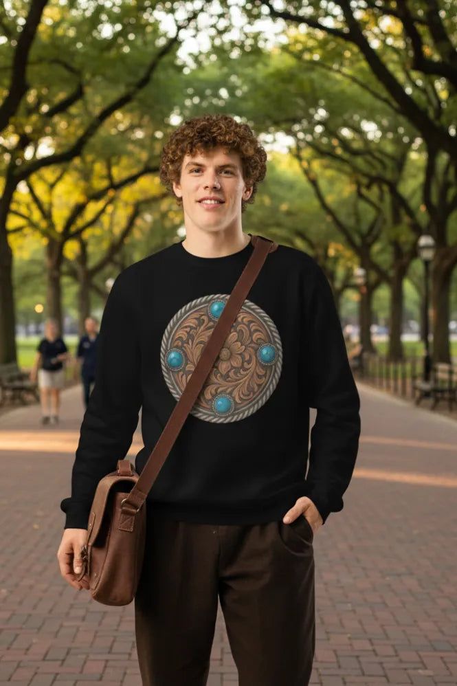 Man in black crewneck sweatshirt with turquoise concho design, brown messenger bag, standing outdoors.